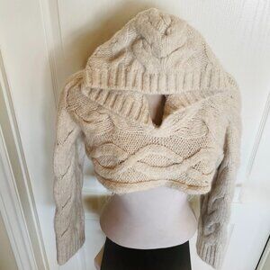 Zara NEW Cream Cable Knit Wool Arm Warmer/Cropped Sweater with Hood